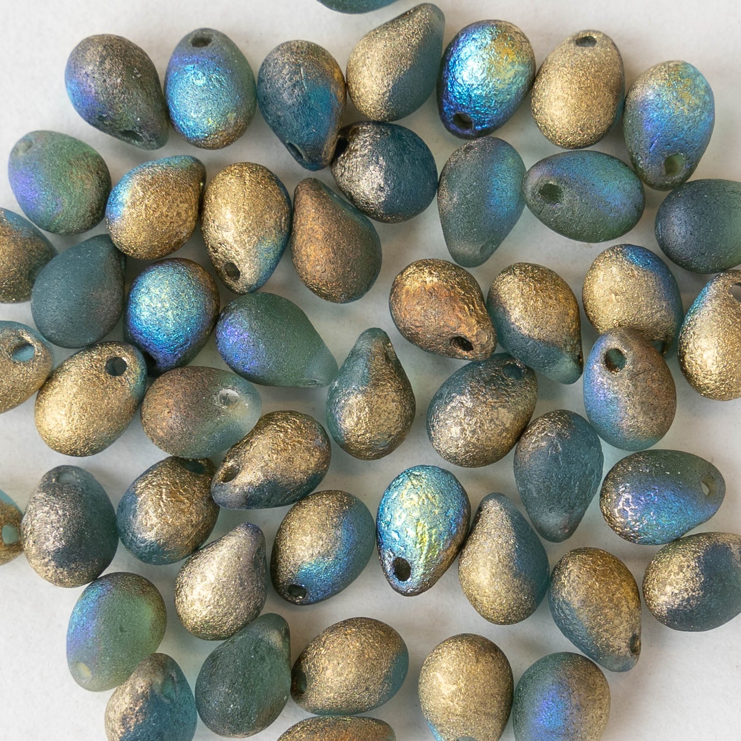 5x7mm Glass Teardrop Beads - Sky Blue and Gold Etched - 50 Beads