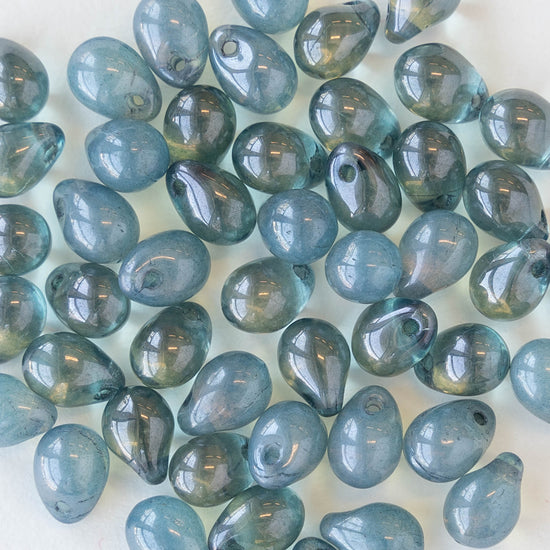 5x7mm Glass Teardrop Beads - Denim Blue Luster - 50 Beads