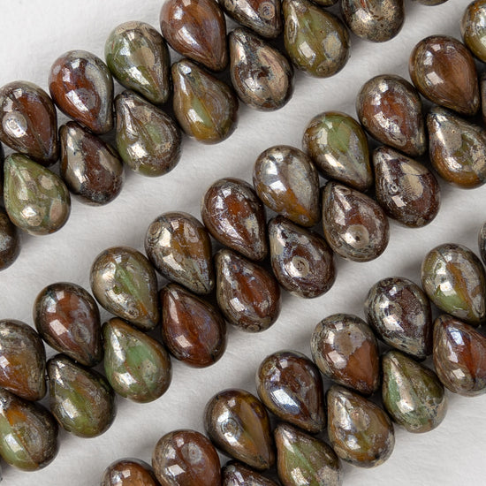 Load image into Gallery viewer, 5x7mm Glass Teardrop Beads - Brown Green and Pyrite - 48 Beads

