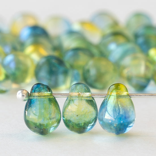 6x8mm Glass Teardrop Beads - Green Blue Mix - 50 Beads