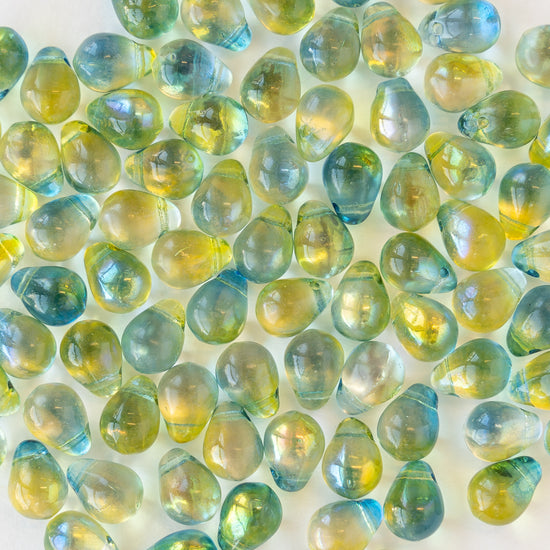 6x8mm Glass Teardrop Beads - Green Blue Mix - 50 Beads