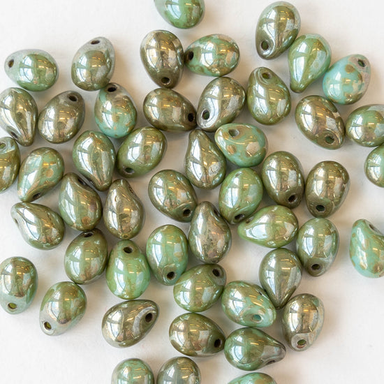 5x7mm Glass Teardrop Beads - Light Turquoise Picasso - 50 Beads