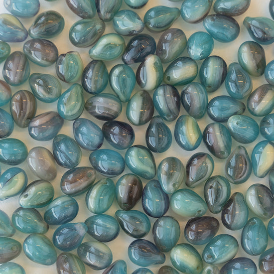 5x7mm Glass Teardrops - Marbled Teal Tones - 120 Beads