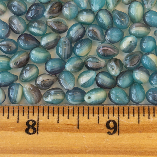 5x7mm Glass Teardrops - Marbled Teal Tones - 120 Beads
