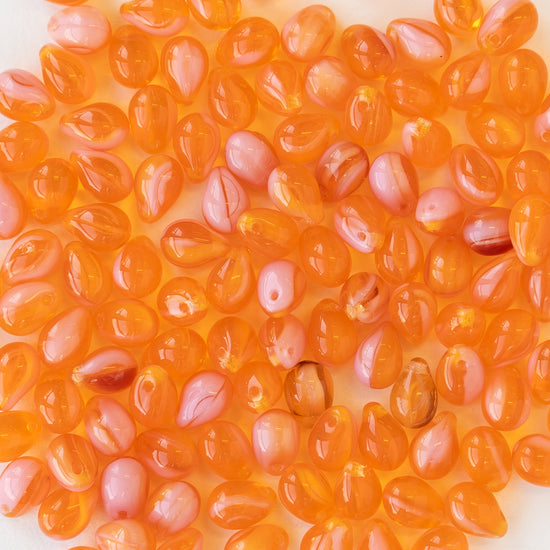 5x7mm Glass Teardrop Beads - Orange and Pink Marbled Glass - 120 Beads