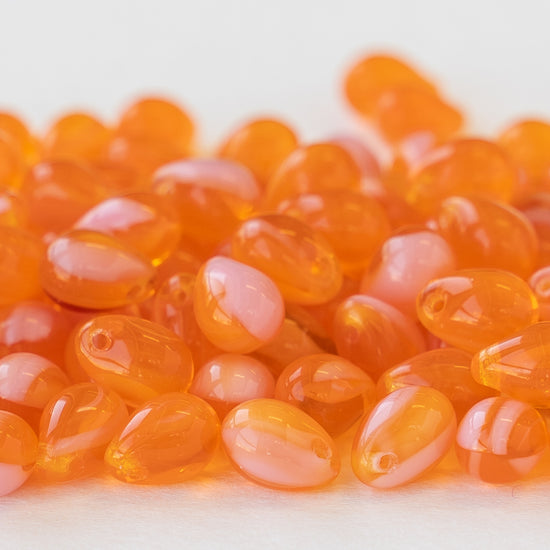 5x7mm Glass Teardrop Beads - Orange and Pink Marbled Glass - 120 Beads