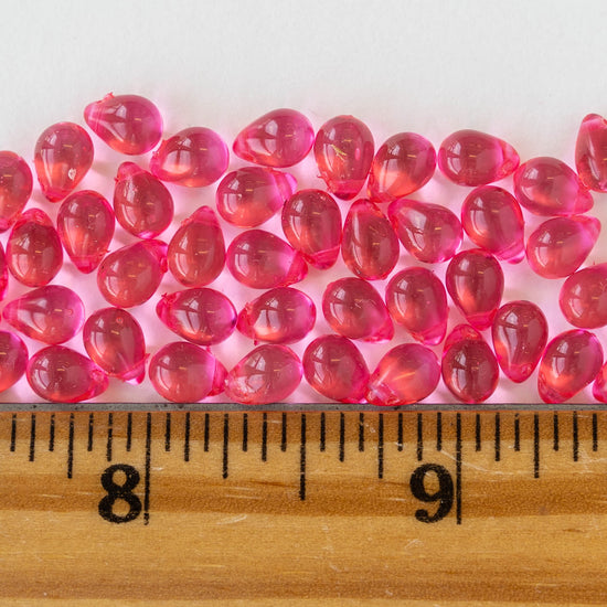 5x7mm Glass Teardrop Beads - Hot Pink - 75 Beads