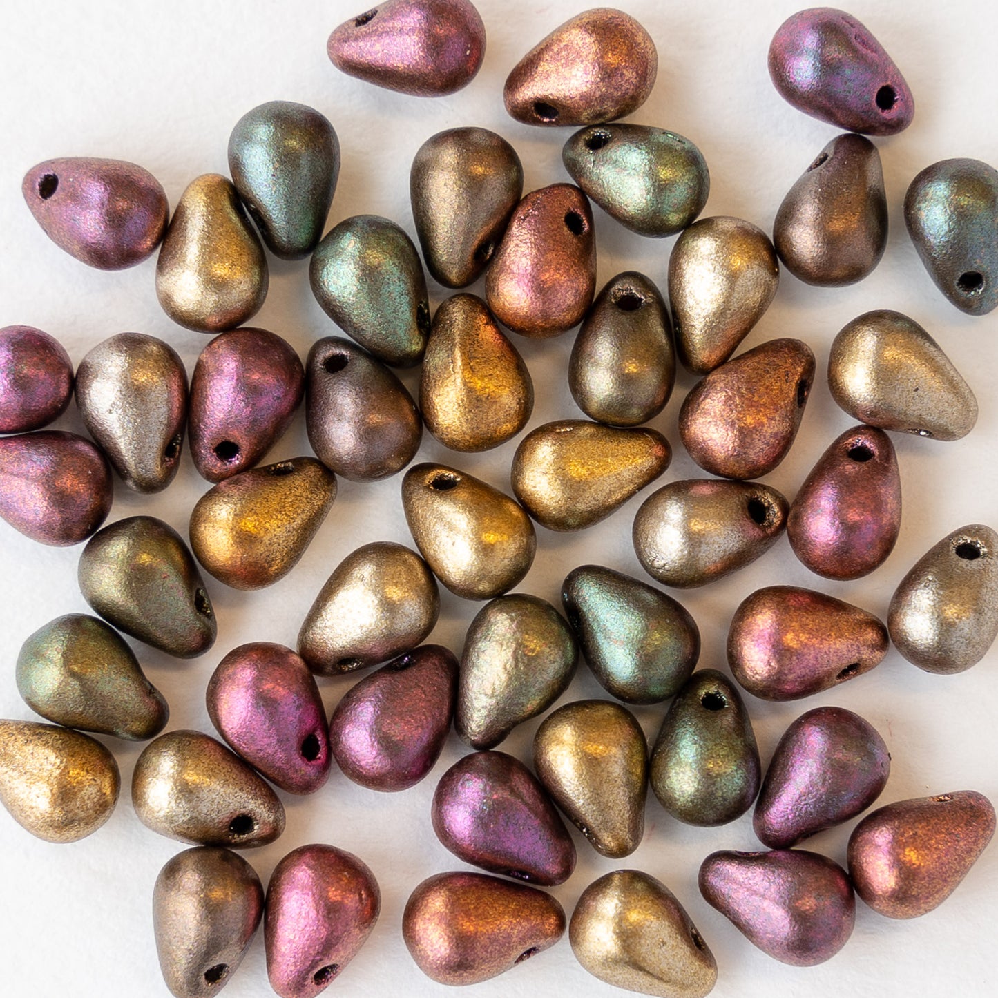 5x7mm Glass Teardrop Beads - Metallic Matte Gold Iris - 47 Beads