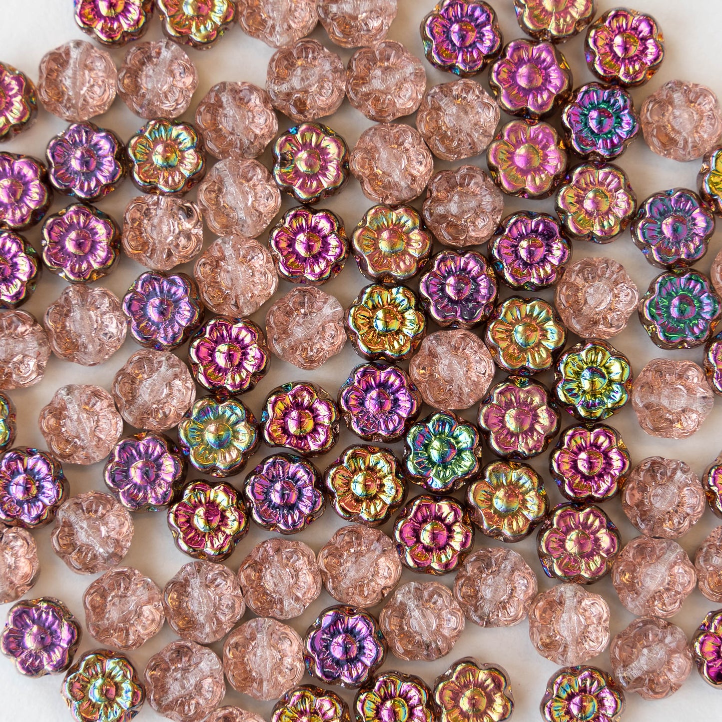 6mm Glass Flower Beads - Dusty Rose with Metallic Iris Finish - 30 beads