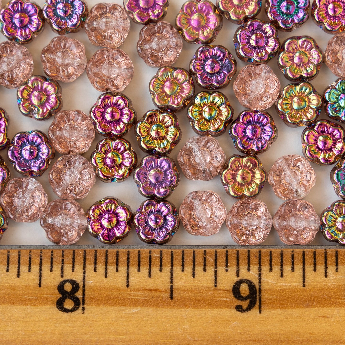 6mm Glass Flower Beads - Dusty Rose with Metallic Iris Finish - 30 beads