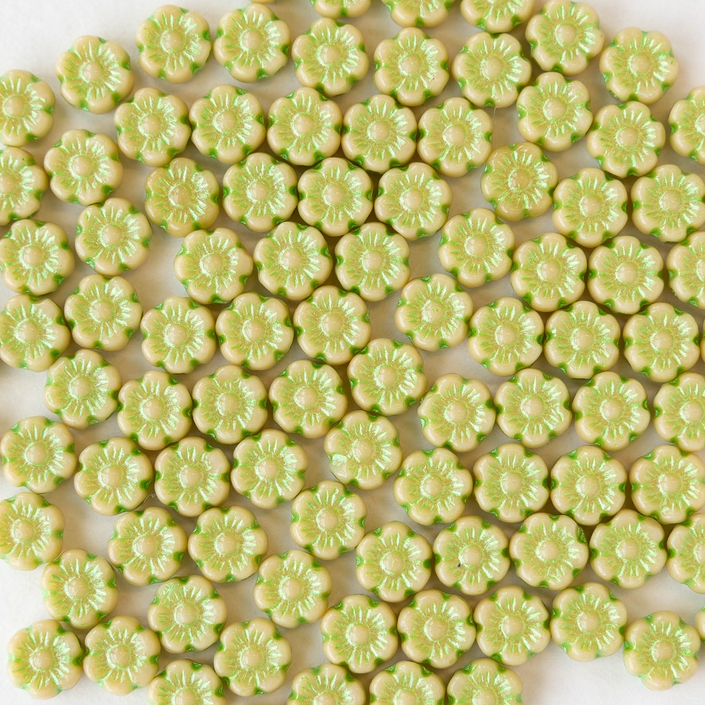 6mm Glass Flower Beads - Mellow Yellow with Green Wash - 30 beads