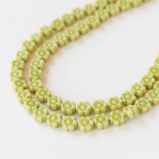 6mm Glass Flower Beads - Mellow Yellow with Green Wash - 30 beads