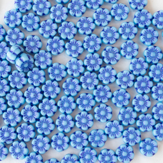 6mm Glass Flower Beads - Blue with Periwinkle Wash - 30 beads