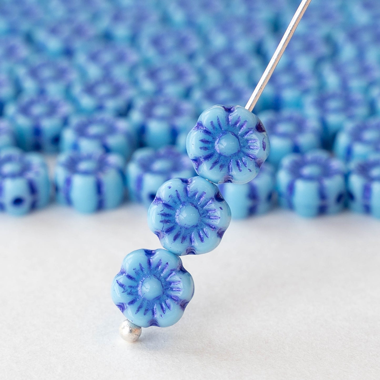 6mm Glass Flower Beads - Blue with Periwinkle Wash - 30 beads