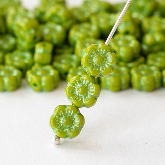 6mm Glass Flower Beads - Lime Green with Green Wash - 30 beads