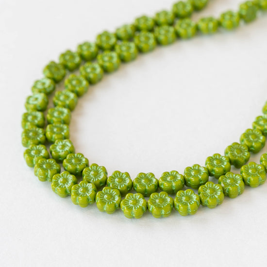 6mm Glass Flower Beads - Lime Green with Green Wash - 30 beads