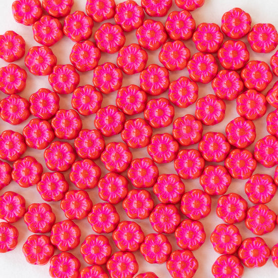 6mm Glass Flower Beads - Red with Pink Wash - 30 beads