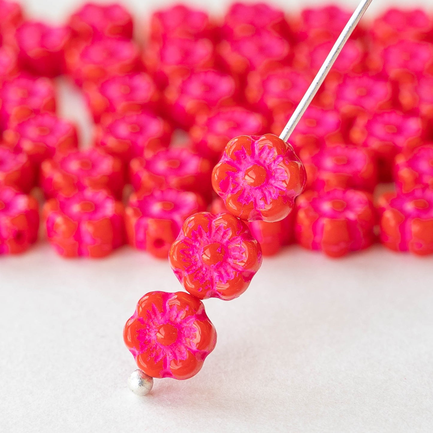 6mm Glass Flower Beads - Red with Pink Wash - 30 beads