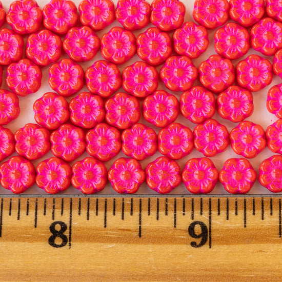 Load image into Gallery viewer, 6mm Glass Flower Beads - Red with Pink Wash - 30 beads

