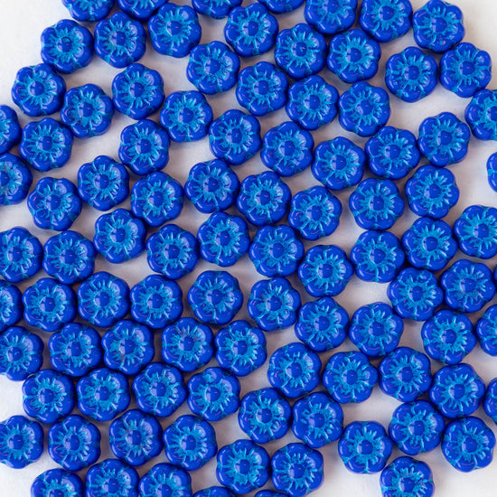 6mm Glass Flower Beads - Royal Blue with Blue Wash - 30 beads