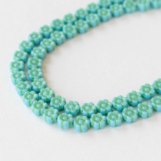 6mm Glass Flower Beads - Turquoise with Green Wash - 30 beads