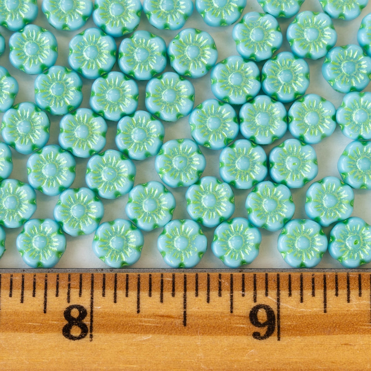 6mm Glass Flower Beads - Turquoise with Green Wash - 30 beads