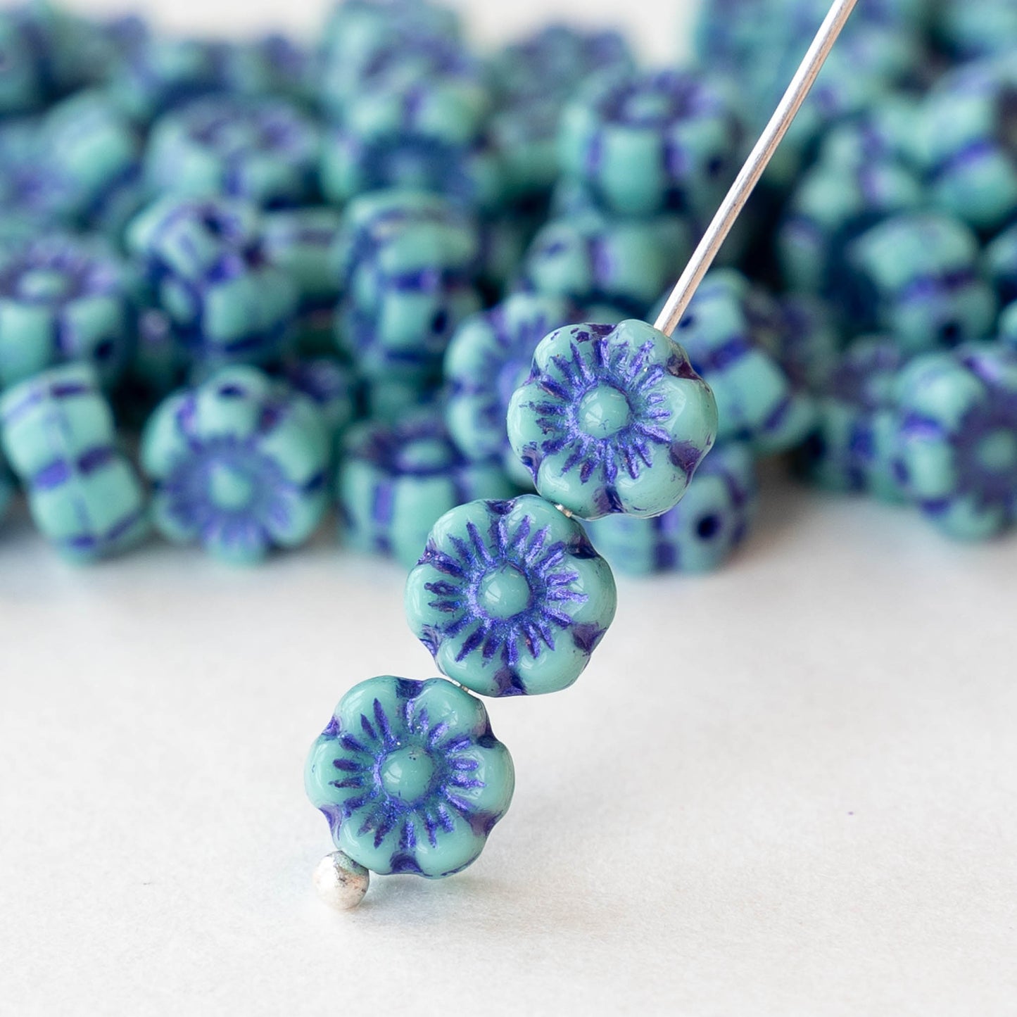 6mm Glass Flower Beads - Aqua with Purple Wash - 30 beads
