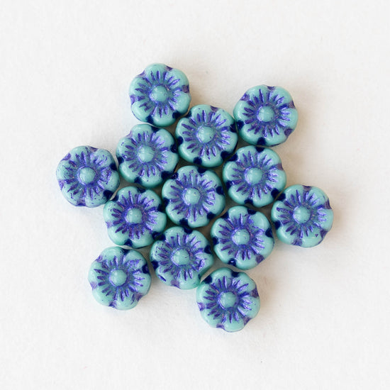 6mm Glass Flower Beads - Aqua with Purple Wash - 30 beads