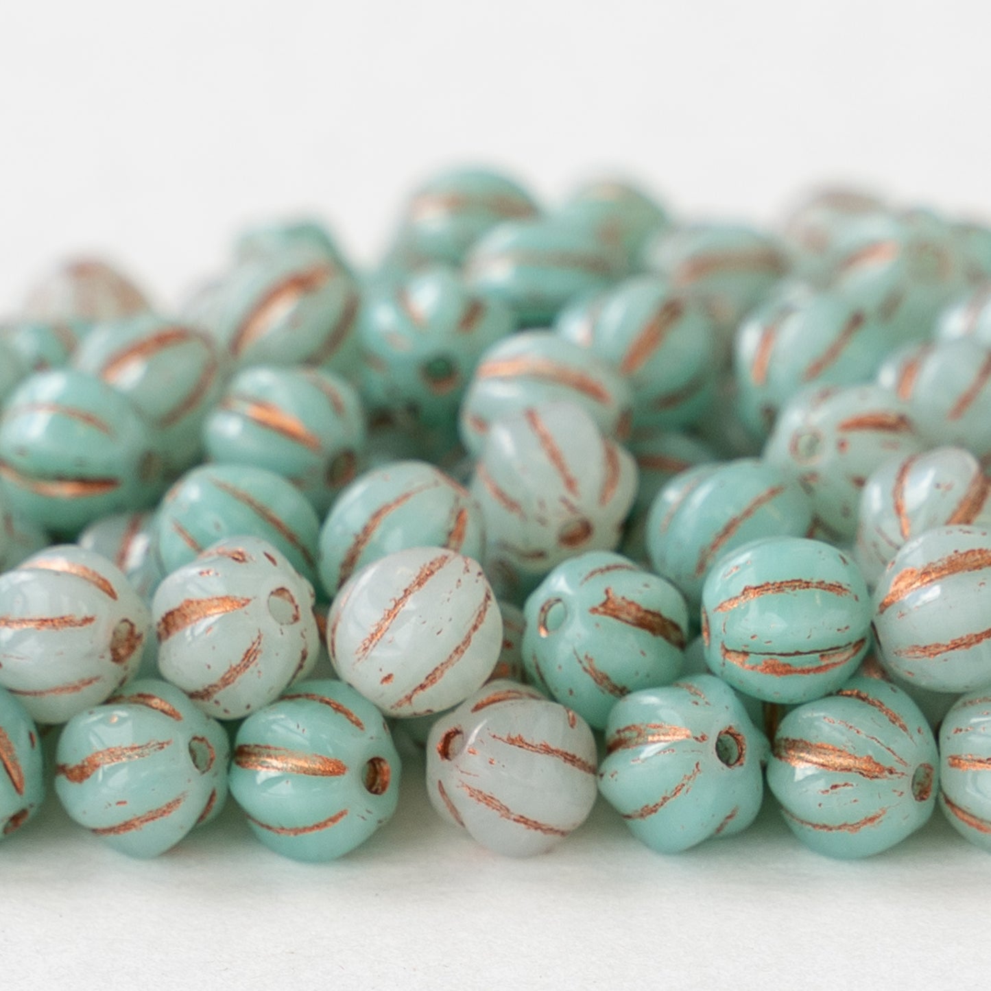 6mm Glass Beads - Seafoam Green & White with Copper Wash - 50 or