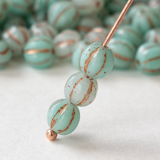 6mm Glass Beads - Seafoam Green & White with Copper Wash - 50 or 100