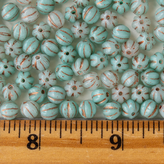 6mm Glass Beads - Seafoam Green & White with Copper Wash - 50 or 100