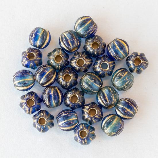 6mm Melon Beads - Sapphire and Sky Blue With Gold Wash - 50 Beads