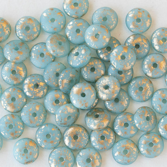 6mm Rondelle Beads - Light Blue Silk Matte with Antique Gold Dust - 50 Beads