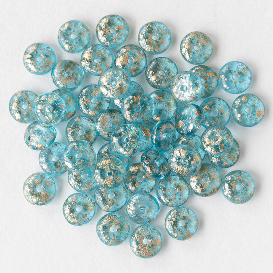 6mm Rondelle Beads - Shiny Aqua Gold Dust - 50 Beads