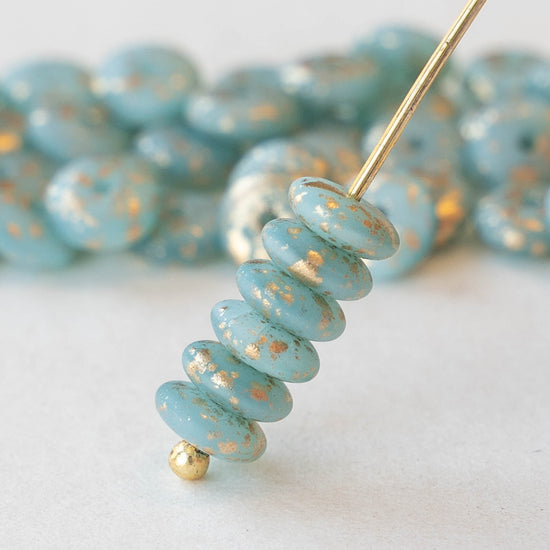 6mm Rondelle Beads - Light Blue Silk Matte with Antique Gold Dust - 50 Beads