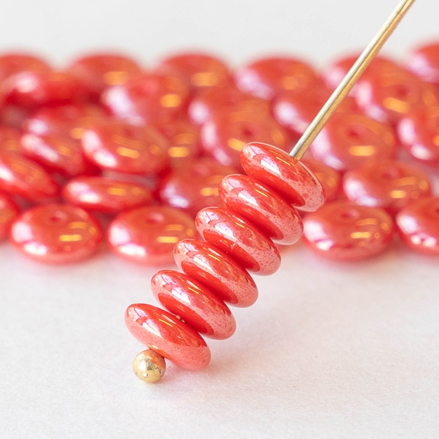 6mm Glass Rondelle Beads - Coral Red Luster - 50 Beads