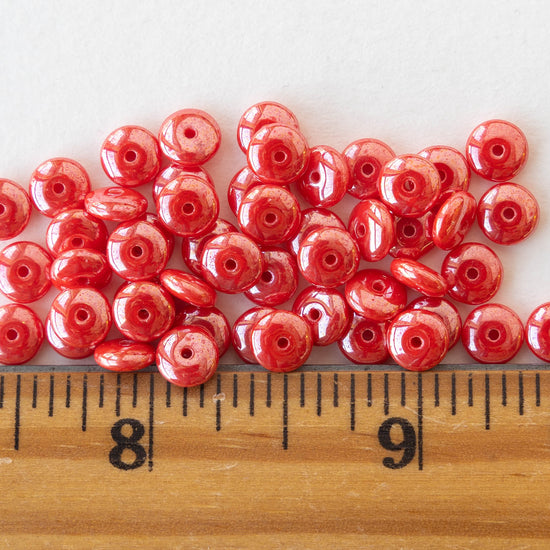 6mm Glass Rondelle Beads - Coral Red Luster - 50 Beads