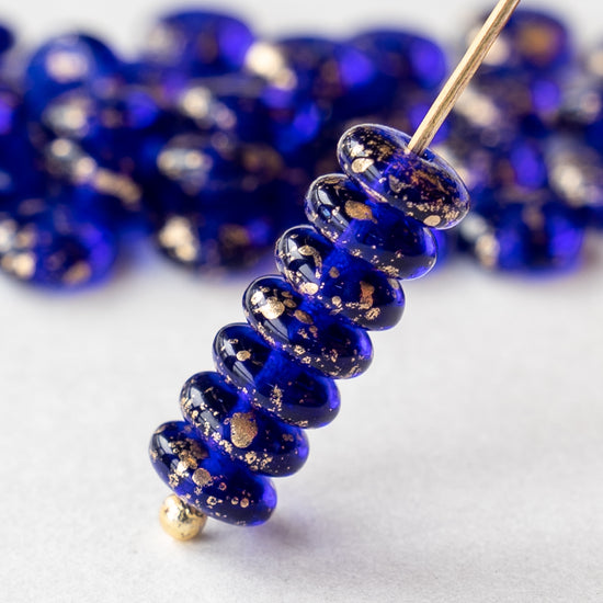 6mm Rondelle Beads - Cobalt Blue with Gold Dust - 50 Beads