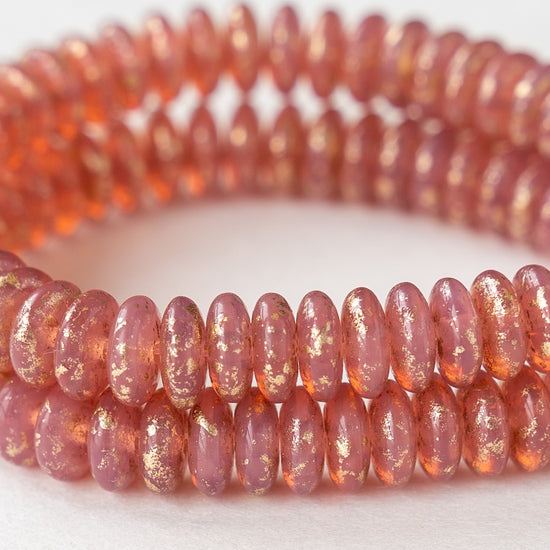 6mm Rondelle Beads -  Pink Opaline with Gold Dust- 50 Beads