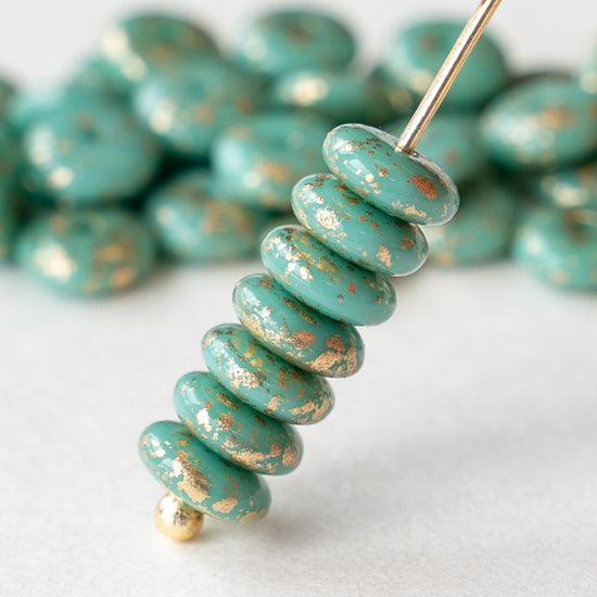 6mm Rondelle Beads - Opaque Turquoise with Gold Dust - 50 Beads