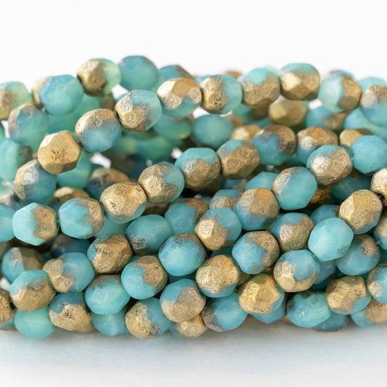 6mm Round Firepolished Beads - Seafoam with Etched Gold  Finish - 25 Beads