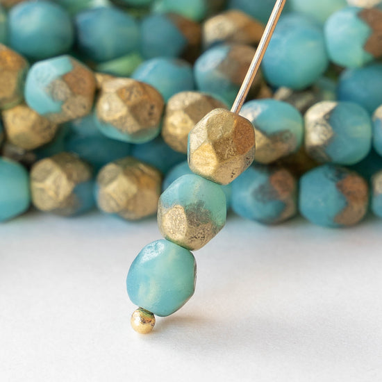 6mm Round Firepolished Beads - Seafoam with Etched Gold  Finish - 25 Beads