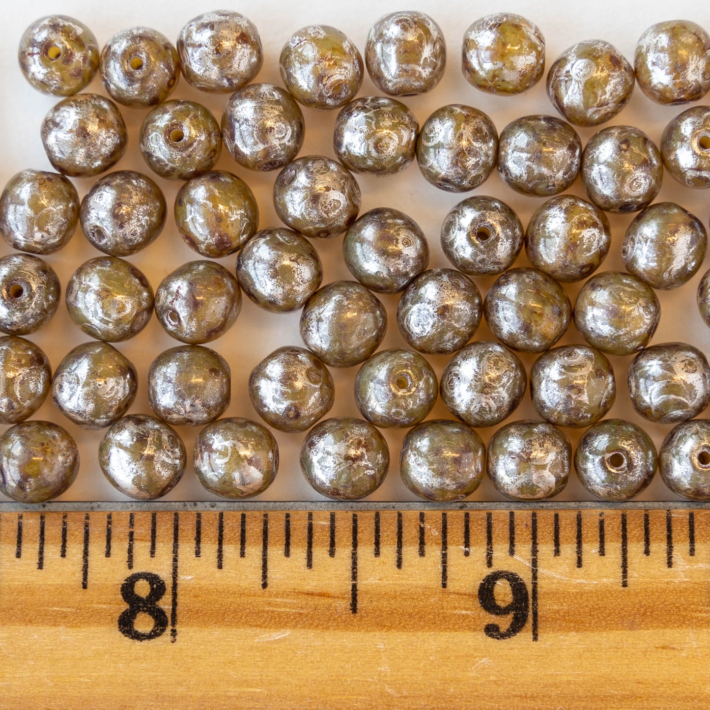 6mm Round Glass Beads - Amber Topaz with a Silvery Finish - 50 beads