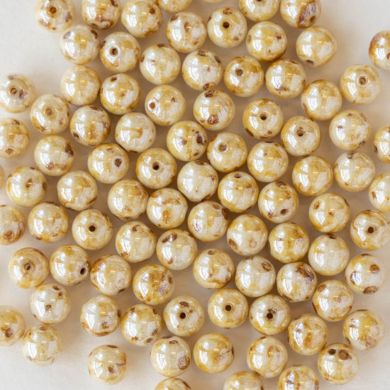 Load image into Gallery viewer, 6mm Round Glass Beads -  Ivory Picassso - 30 Beads
