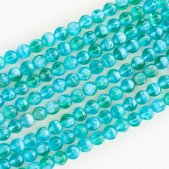 6mm Glass Melon Beads - Blue Green Mix - 40 Beads