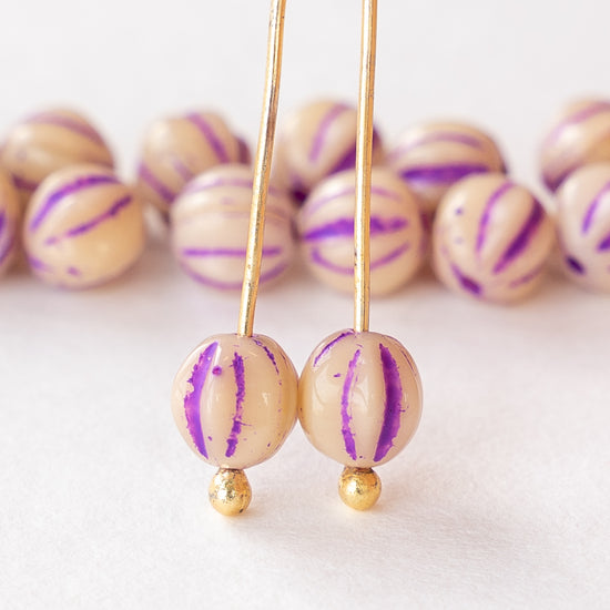 6mm Melon Beads - Ivory with Purple Wash - 40 Beads