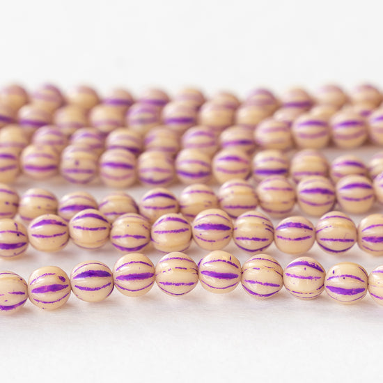 6mm Melon Beads - Ivory with Purple Wash - 40 Beads
