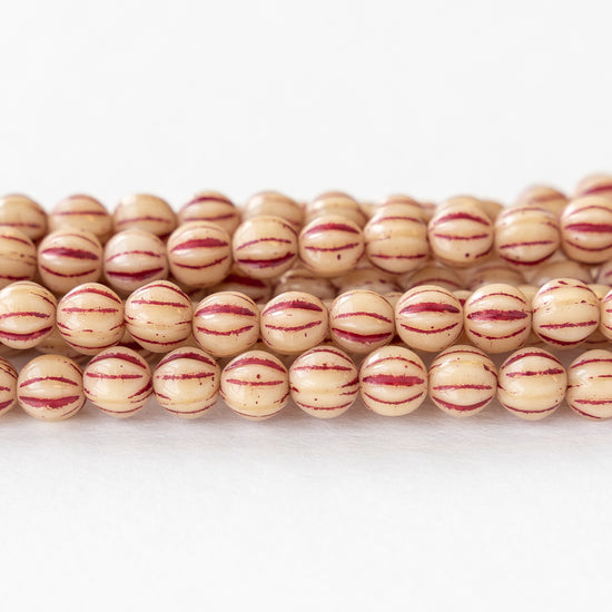 6mm Melon Beads - Ivory with Red Wash - 38 Beads