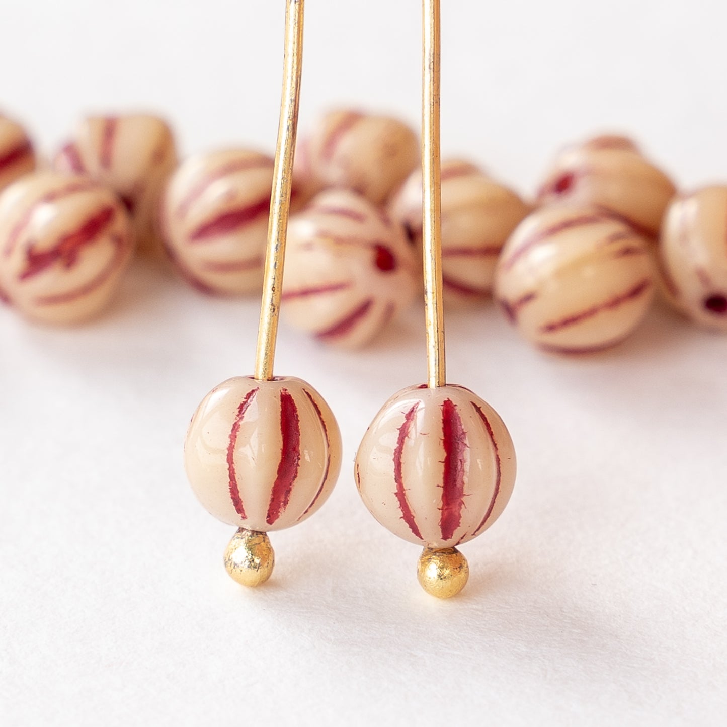 6mm Melon Beads - Ivory with Red Wash - 38 Beads