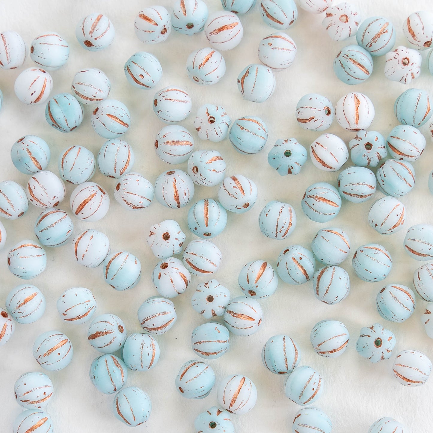 6mm Glass Beads - Matte Aqua & White with Copper Wash -  50 or 100